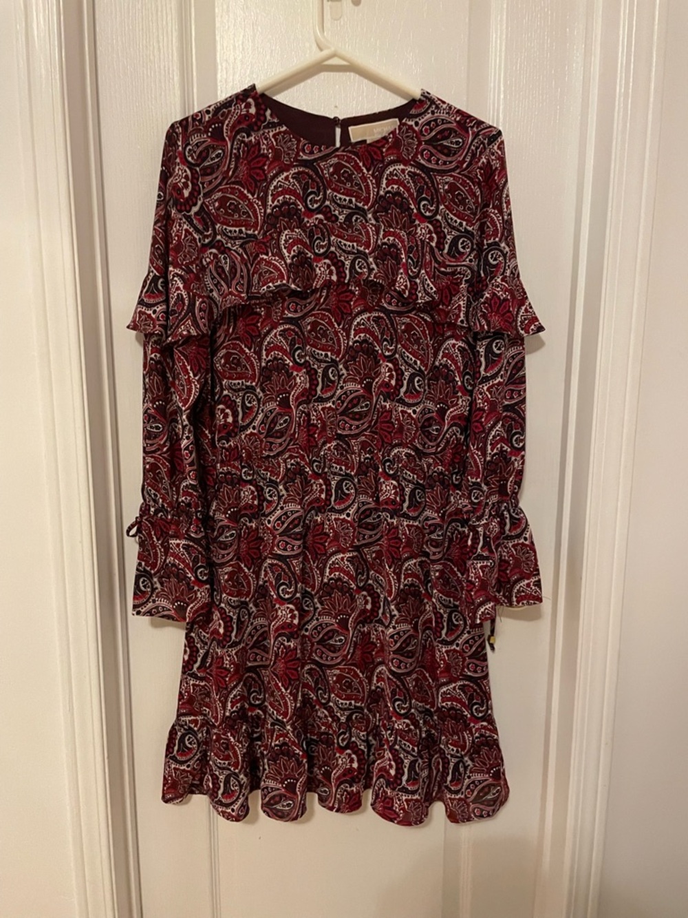 Michael Kors Burgundy Paisley Tie-Sleeve Ruffle Dress